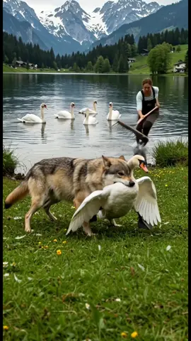 Can a Wolf Escape After Snatching a Swan from the Lake?   #WolfVsSwan #WildlifeDrama #AIWildlife #भेड़िया #cisne   A wolf seizes a swan right on the lakeshore.   But humans rush in, and the flock stirs in chaos.   The battle between predator and protector is on.  