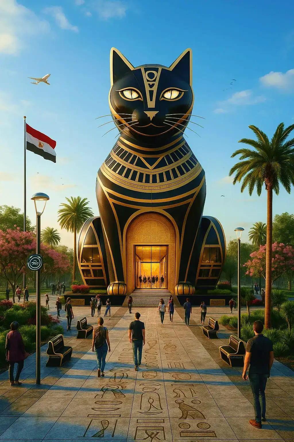 تُظهر الصورة مبنى عملاقًا على شكل قطة فرعونية سوداء مزخرفة بالذهب، مستوحاة من الإلهة باستت في الحضارة المصرية القديمة. يقف المبنى في وسط ساحة أنيقة تحيط بها أشجار النخيل والزهور، ويتجه الناس نحوه في مشهد عصري يمزج بين الأصالة والحداثة. يرفرف علم مصر بجانبه، في تعبير عن الفخر بالحضارة والتراث. *5 هاشتاجات:*   #باستت   #الفن_الفرعوني   #مصر_الحديثة   #عمارة_مستقبلية   #حضارة_مصرية 
