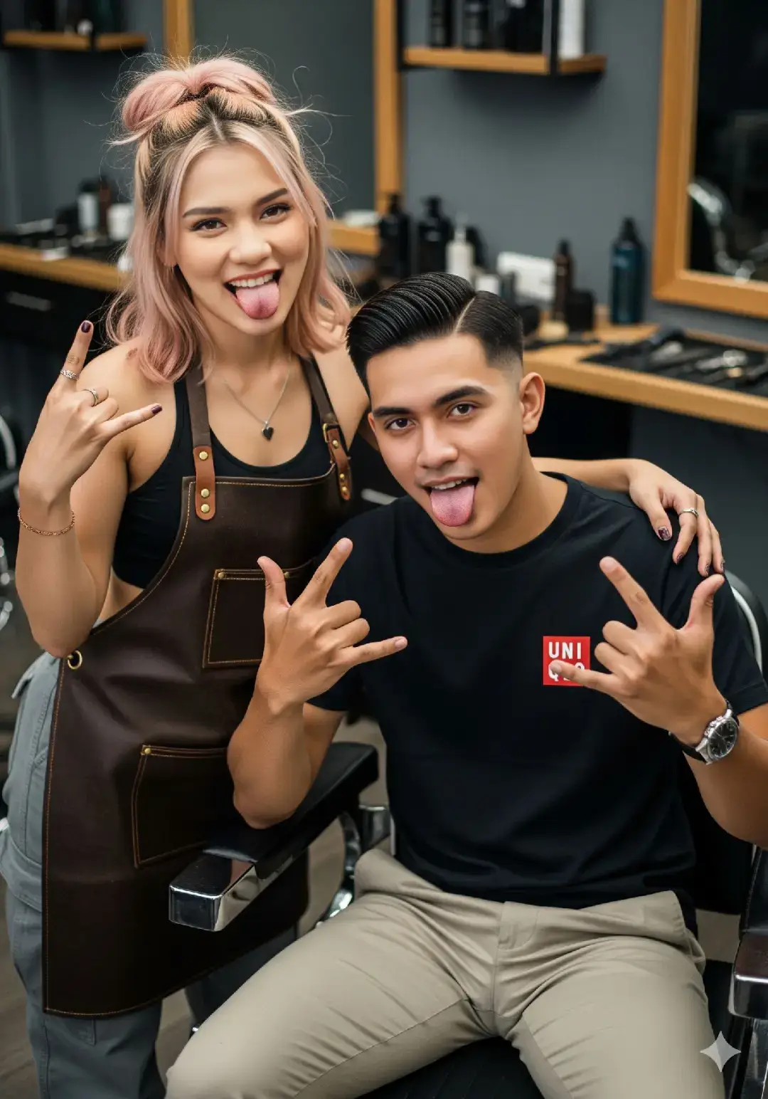 Cukur potongan SB ya, Seperti Biasa hehe 😁👌🏻 PROMPT : Hyper-realistic portrait in 3:4 ratio. High angle shot, playful and expressive vibe. The scene captures a young Indonesian barber woman and her male client leaning close toward the camera in a fun rock-and-roll pose after a haircut. The female barber, 20, with a voluptuous hourglass body, large bust, and broad shoulders, has a heart-shaped face with a sharp chin, almond upturned eyes (wide open, not closed), fair skin, and a defined jawline. Her hair is styled in a half bun with wavy strands, streaked with pink and blonde highlights. She wears a black sports bra, gray cargo pants, a brown leather apron, and a silver necklace. She sticks out her tongue while smiling playfully, throwing a bold rock-and-roll hand sign toward the camera.   Beside her, the male client, 20, Indonesian with a natural fair tan skin tone, oval clean-shaven face, and a proportional build with broad shoulders, shows off his fresh slicked-back hairstyle with a subtle glossy finish. He wears a plain black Uniqlo t-shirt, beige chino pants, and a silver wristwatch. Sitting casually on the barber chair, he leans forward toward the lens, also sticking out his tongue while flashing a rock-and-roll hand sign with confident energy.   The background shows a stylish barbershop interior with gray walls and wooden accents, barber tools visible on the side table. Cinematic depth, sharp focus, warm lighting, and hyper-realistic textures highlight their playful closeness to the camera. #aigenerated #fypシ #geminiai #chatgpt  #barber  @Davina Karamoy 