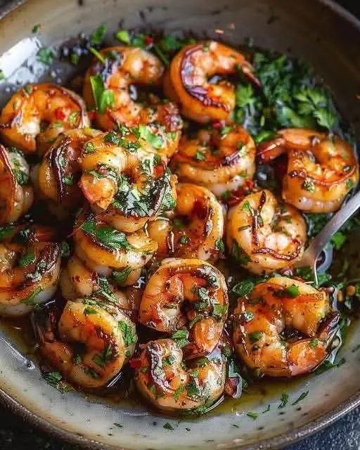 Pan-Seared Chimichurri Shrimp                              Ingredients: For the Chimichurri Sauce: 1 cup fresh parsley, finely chopped 2 tbsp fresh cilantro, finely chopped (optional, for extra flavor) 4 garlic cloves, minced 1 small red chili (or ½ tsp red pepper flakes), finely chopped