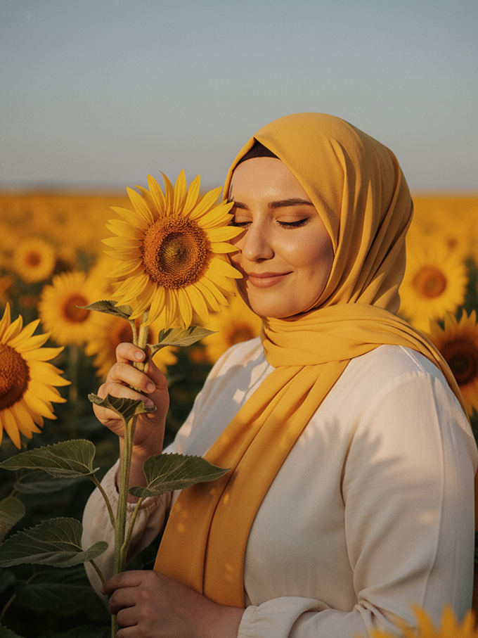 🌻🌻Gemini 🥹🫶Orta boy, tesettürlü, (yüklenen fotograftaki kiginin yüz hatlari, cilt rengi, göz gekli, dudak gekli en benzer gekilde) sari tonlarinda minik pastel yegil sari ve pembe çiçekli bir gala sahip genç ve güzel bir kadin, (yüklenen fotograftaki kiginin yüz hatlari, cilt rengi, göz sekli, dudak gekli en benzer gekilde) gün batimi saatinde canli ve genis bir ayçiçegi tarlasinda duruyor. (yüklenen fotograftaki kiginin yüz hatlari, cilt rengi, göz gekli, dudak gekli en benzer gekilde) Kadin (yüklenen fotograftaki kiginin yüz hatlari, cilt rengi, göz gekli, dudak gekli en benzer gekilde) bir elinde büyük ve parlak sari bir ayçiçegi tutarak bir gozunü (yüklenen fotograftaki kiginin yüz hatlari, cilt rengi, göz fekli, dudak gekli en benzer fekilde) kapatiyor, yüzünde (yüklenen fotograftaki kiginin yüz hatlari, cilt rengi, göz sekli, dudak gekli en benzer gekilde) yumugak bir tebessüm var.Isiklandirma tamamen dogal ve altin saat isigi ile yumusak; cilt tonlari sicak, (yüklenen fotograftaki kiginin yüz hatlari, cilt rengi, göz gekli, dudak gekli en benzer gekilde) dogal ve isiltili görünüyor. Uzerinde uzun kollu, kahverengi tonlarinda bir elbise var ve bu kiyafeti çevresindeki ayçiçekleriyle mükemmel uyum sagliyor. Kompozisyon kurallarina uygun gekilde kadrajlanmis, özellikle ügte bir kurali ile hizalanmis. Arka plan ayçiçekleri bokeh efektli ile flu birakilmis (f/2.0 diyafram), derinlik etkisi güçlü, odak tamamen modelin yüzü ve tuttugu ayçiçeginde. Gökyüzü agik, parlak mavi, sari tonlarla kontrast olugturuyor. Fotograf, yüksek çözünürlüklü tam kare bir kamera ile çekilmis izlenimi veriyor (örnegin Canon EOS R5 ve 50mm f/1.2 lens kullanilmis gibi). Dogal ve sicak tonlarda renk düzenlemesi yapilmis, profesyonel portre fotografçiligi stilinde, estetik ve editorial havasinda. Boyut 9:16#gemini #fyp #fypシ 