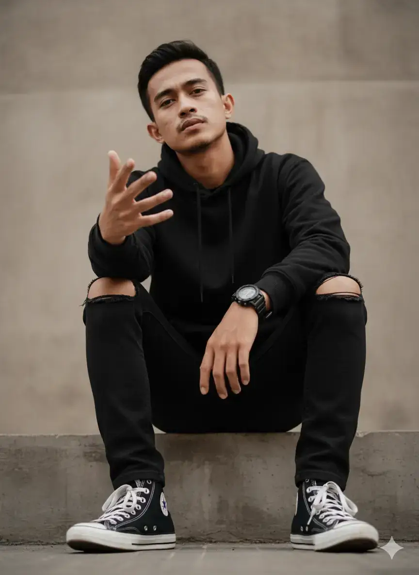 gemini ai prompt : 🕶 Buatlah Potret close-up bergaya street urban seorang pria muda khas indonesia dengan ekspresi tegas dan penuh percaya diri. Ia mengenakan hoodie hitam polos, memakai jam tangan sport, celana jeans panjang hitam sedikit sobek dibagian lutut dan sepatu converse hitam sedang duduk santai dengan pose dominan, salah satu tangan diangkat ke arah kamera dengan gestur kasual yang menambah kesan rebel, memperkuat aura misterius namun karismatik. Latar belakang sederhana berwarna netral, membuat fokus sepenuhnya tertuju pada subjek. Sudut kamera low angle memberikan kesan berwibawa dan kuat, seolah penonton melihatnya sebagai sosok yang berani, bebas, dan tidak mudah ditaklukkan. Cahaya lembut natural menerangi wajahnya, menonjolkan tekstur kulit serta detail ekspresi yang tajam. Gaya fotografi ini mengusung nuansa street portrait dengan estetika minimalis, tone hangat-netral, serta atmosfer yang menggambarkan kebebasan, kepercayaan diri, dan attitude khas anak muda urban. Kualitas foto ultra HD 8K dan ratio foto 9:16 #chatgpt #pyf  #prompt #gemini #geminiai 