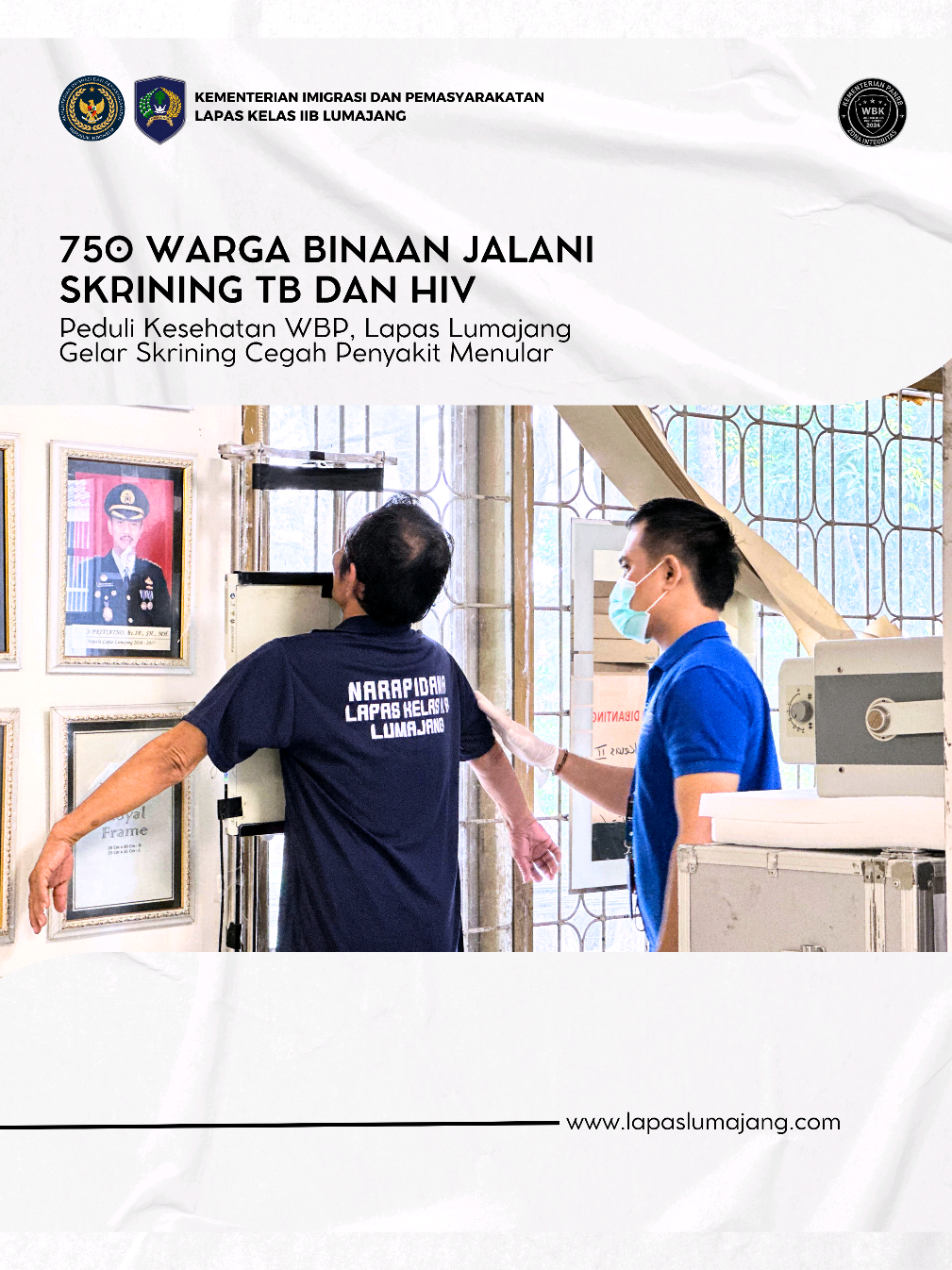 Lapas Lumajang Gelar Skrining TB dan HIV Bagi 750 WBP, Gandeng Dinkes dan Tirta Medical Center (Lapas) Kelas Lumajang bekerja sama dengan Tirta Medical Center (TMC), Dinas Kesehatan Kabupaten Lumajang, serta Puskesmas Rogotrunan, menggelar kegiatan Active Case Finding (ACF) Tuberkulosis (TBC) dengan intervensi Chest X-Ray (CXR) sekaligus skrining HIV bagi seluruh Kegiatan ini dilaksanakan dalam tiga tahap, yakni pada tanggal 19, 22, dan 23 September 2025, dengan target menyasar sebanyak 750 orang WBP. Tahap pertama telah berlangsung pada Jumat (19/9/2025). #kemenimipas #lapaslumajang #poluspas #ditjenpas 