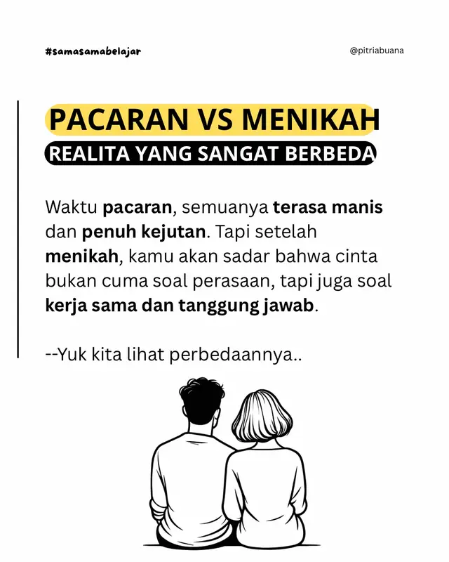 Pacaran itu sering terasa indah, penuh perhatian, janji-janji manis, dan momen spesial yang bikin deg-degan. Tapi setelah menikah, kita sadar cinta bukan lagi soal kata-kata manis, melainkan tentang bagaimana kita menghadapi realita sehari-hari. Menikah itu tentang siapa yang rela bangun lebih pagi untuk menyiapkan kebutuhan rumah, siapa yang bisa menahan ego saat emosi, siapa yang tetap bertahan meski lelah, dan siapa yang memilih untuk tetap ada meski kesempatan untuk pergi selalu ada. Kalau pacaran bikin kita kenal pasangan, menikah bikin kita benar-benar tahu siapa dia, dan siapa diri kita sebenarnya. Di situlah cinta diuji, sekaligus dikuatkan. 💍 #pacaranvsmenikah #ceritapernikahan #perjalanancinta #pasanganhidup #samsamabelajar #pitriabuana 