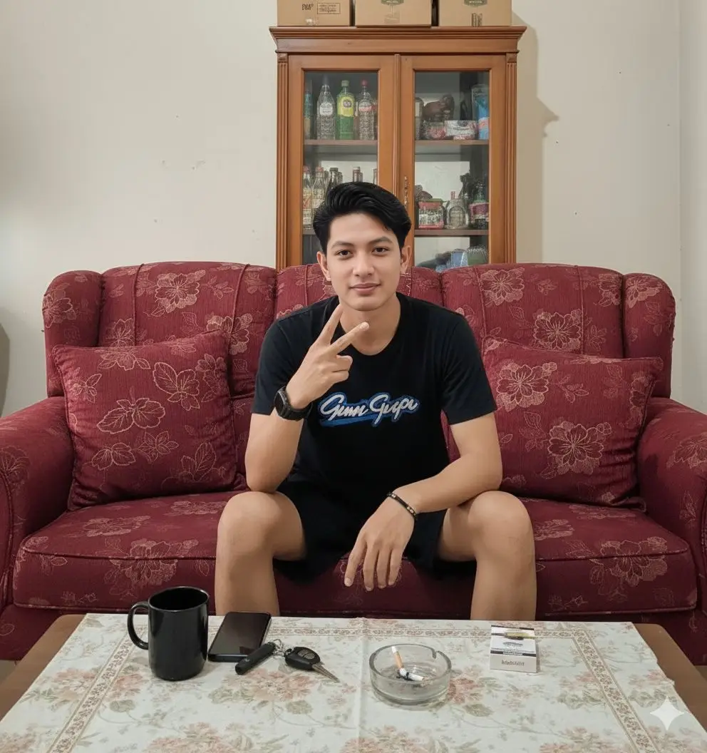 Prompt 👇🏻👇🏻👇🏻 . . . PROMPT: Seorang pemuda ( foto dilampirkan ) sedang duduk dan memegang ponsel di atas sofa. Ia mengenakan kaos hitam bergambar tulisan putih-biru dan celana pendek hitam. Sofa berwarna merah marun dengan motif bunga dan bantal bermotif senada. Di depan sofa terdapat meja dengan taplak bermotif bunga, di atasnya ada sebuah kopi hitam dan kunci motor serta asbak dan sebungkus rokok. Latar belakang menunjukkan lemari kayu dengan pintu kaca berisi botol dan barang rumah tangga, serta beberapa kardus di atasnya. Suasana ruangan sederhana, bernuansa rumah khas sehari-hari.