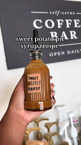 let’s make some homemade sweet potato pie syrup for coffees + matchas + cocktails!  fall coffee syrup lineup:  @kam :)  sweet potato pie syrup recipe:  - 1 cup of sweet potato puree (I ended up using the whole can)  - 1/2 cup brown sugar  - 1/2 cup white / golden sugar  - 2 cups of water - cinnamon, allspice, butter extract & vanilla bean paste all to taste! 