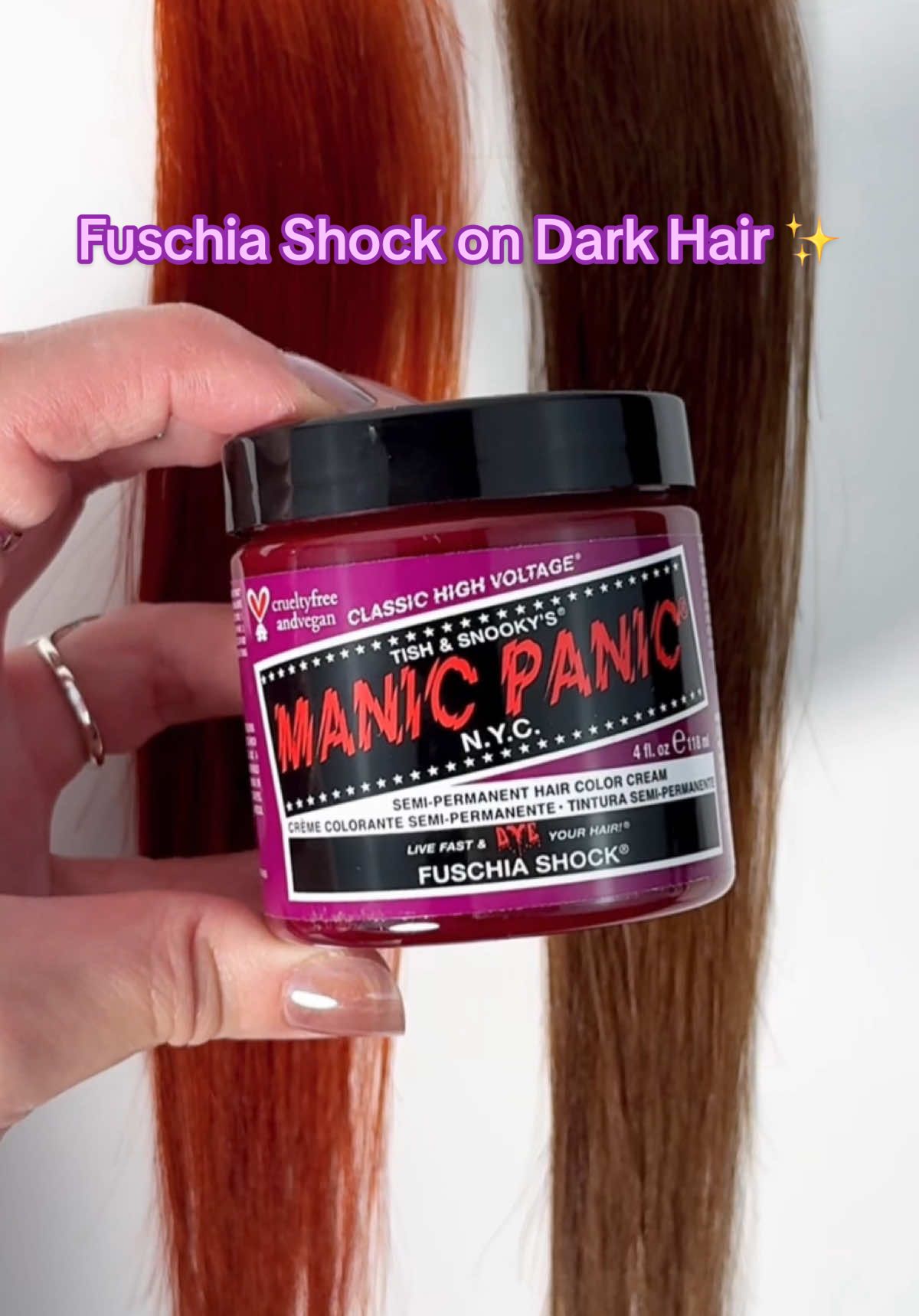 Replying to @saras._333 Manic Panic Fuschia Shock 💖 Swatched on dark brown + ginger hair ✨ see how this deep, cool toned fuchsia shows up without bleach. Which swatch do you love more? #manicpanic #fuschiaschock #pinkhair #hairtransformation #darkhair 