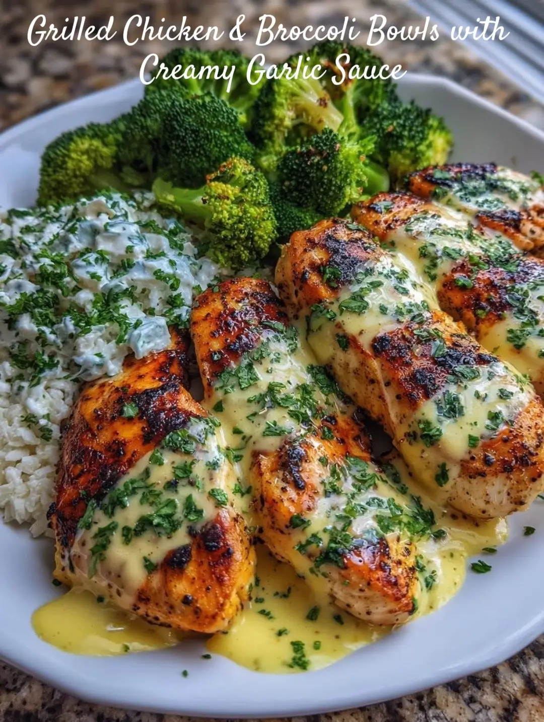 Grilled Chicken & Broccoli Bowls with Creamy Garlic Sauce •.• WHAT YOU NEED 2 boneless, skinless chicken breasts 2 cups (200g) broccoli florets 2 tablespoons olive oil Salt and black pepper, to taste 1/2 cup (120ml) Greek yogurt 2 garlic cloves, minced 1 tablespoon lemon juice 1 tablespoon chopped fresh parsley 1/4 teaspoon paprika Cooked rice or quinoa (for serving) HOW TO MAKE IT Season Chicken: Brush chicken with 1 tablespoon olive oil, season both sides with salt, pepper, and paprika. Grill Chicken: Heat a grill pan or outdoor grill to medium-high. Cook chicken 5-6 minutes per side, until charred and cooked through (165°F internal temp). Let rest, then slice. Cook Broccoli: Toss broccoli florets with remaining olive oil, salt, and pepper. Grill or steam for 3-4 minutes until tender-crisp. Make Sauce: In a small bowl, mix Greek yogurt, garlic, lemon juice, parsley, salt, and pepper until smooth. Assemble Bowls: Add rice or quinoa to serving bowls, top with sliced chicken and broccoli, then drizzle with creamy garlic sauce. #DinnerGoals #fyp #chicken #healthyrecipes #EasyRecipe 