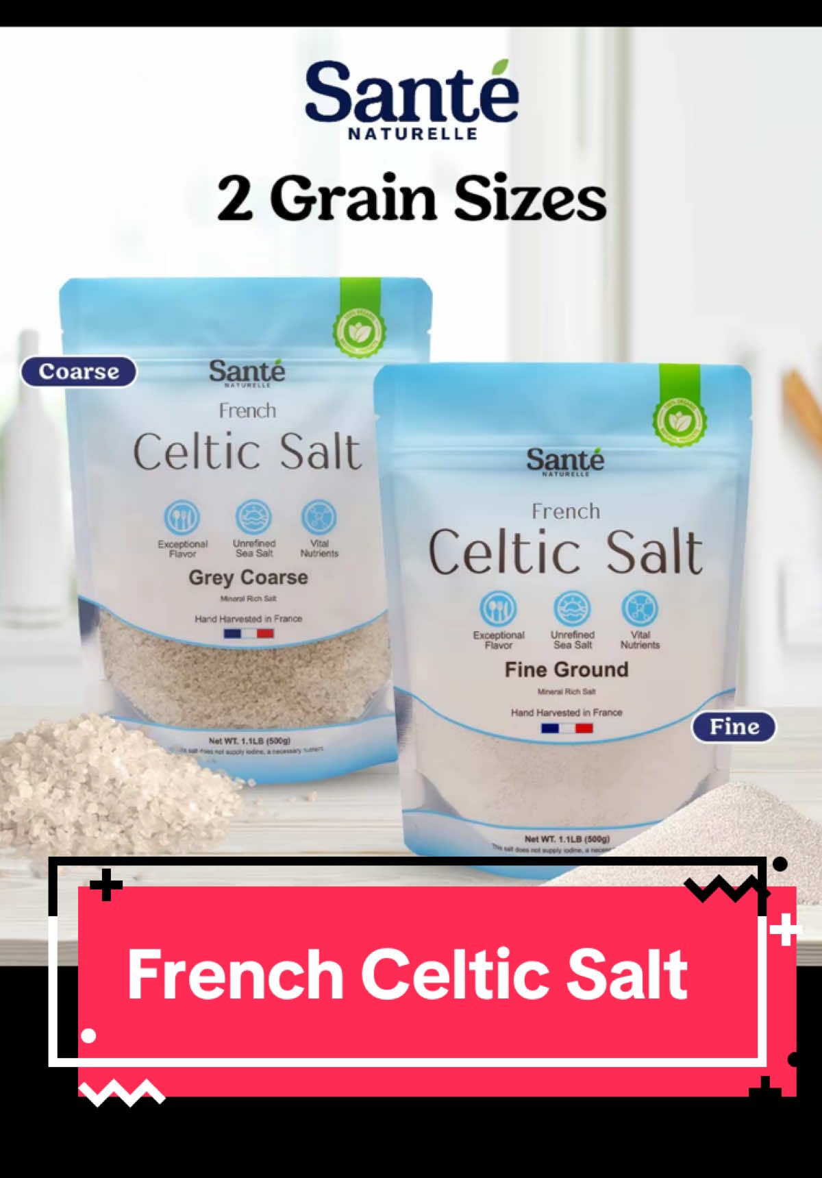 Sante Naturelle French Celtic Salt - 1.1lb Hand Harvested Mineral Salt, Grey Coarse & Fine Ground, Rich in Vitamins & Minerals, Versatile Cooking Seasoning. Sal francesa celta, sal mineral extraída a mano, granos gruesos y finos, condimento versátil. • Duo Sal Celtas de Francia • Sabor Celta Puro #naturalsupplements #mineralsupplements #fentysaltedcaramel #saltandpeppershakers #naturalfood @Sante Naturelle 