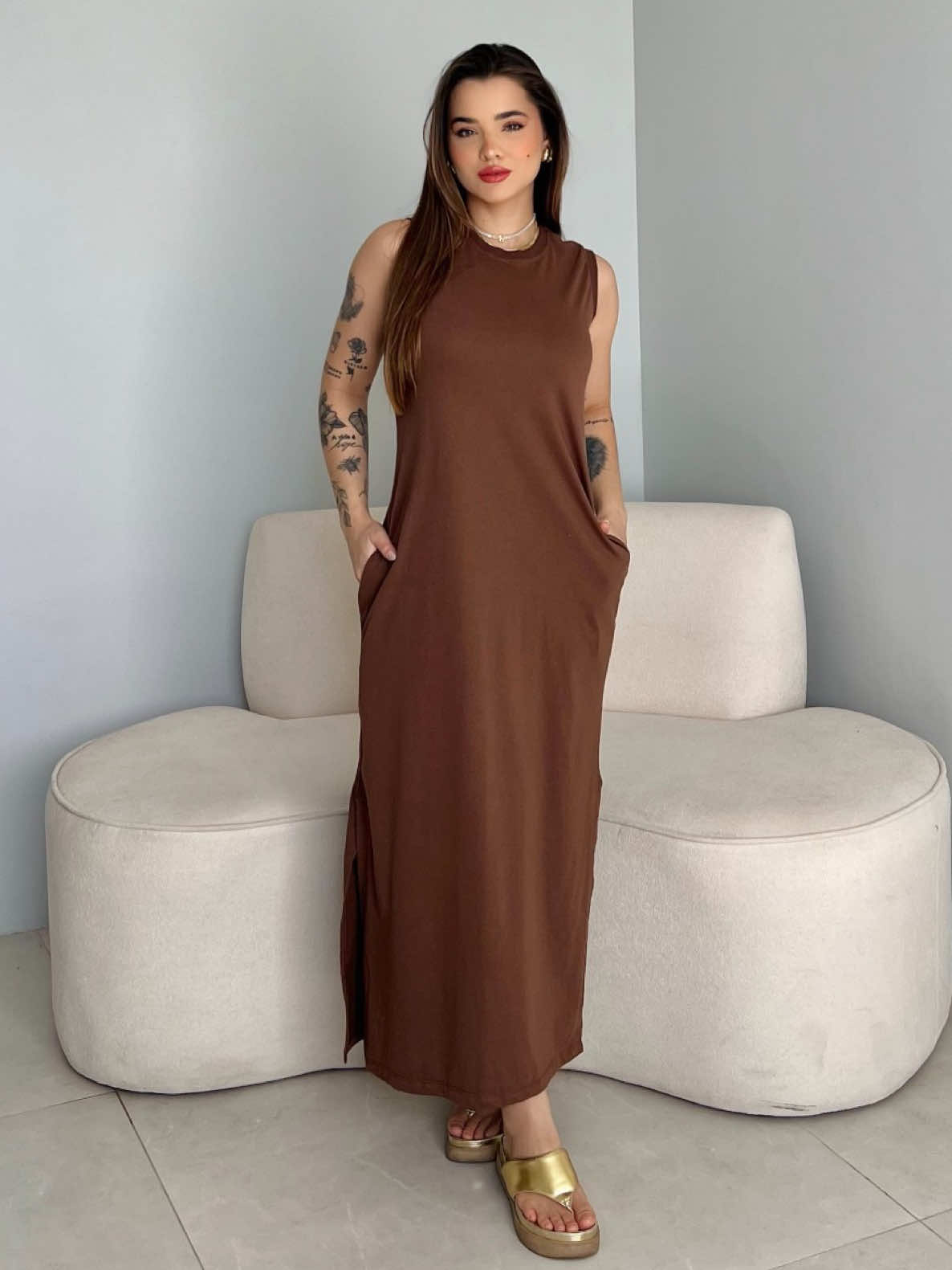 Vestido Longo Com Bolso e Fenda Laterais Algodão Confortável Elegante 