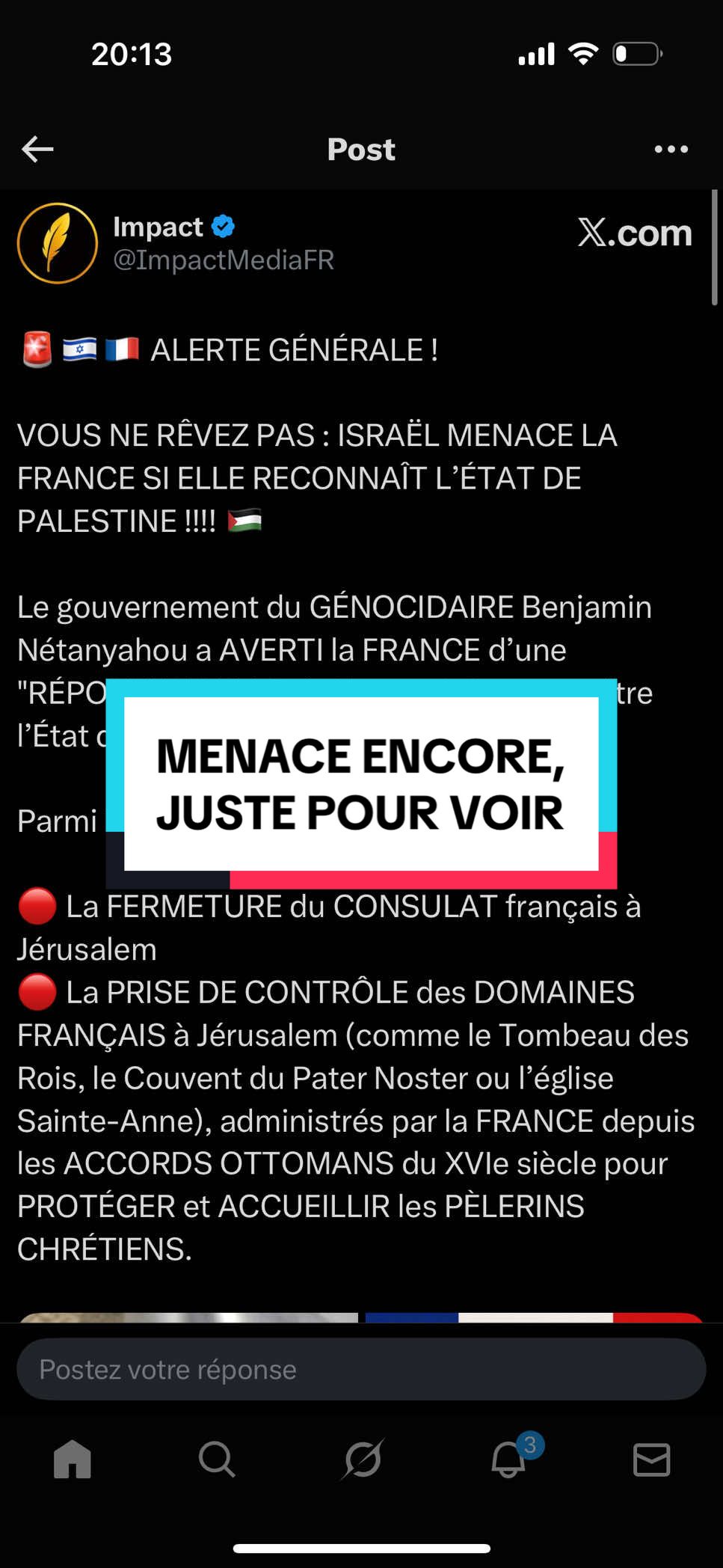 Israël menace la France ! Si Paris reconnaît officiellement l’État de Palestine lundi, le gouvernement de Netanyahou promet une “réponse forte”. Parmi les mesures envisagées : Fermeture du consulat français à Jérusalem Prise de contrôle des domaines français dans la ville (Tombeau des Rois, Couvent du Pater Noster, Église Sainte-Anne…). 👉 Un bras de fer diplomatique historique pourrait éclater. #actu #France #israel #politique #viaro11 