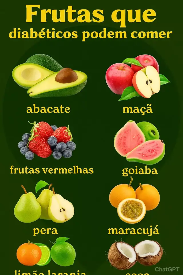 Descubra frutas deliciosas e saudáveis que podem ser consumidas por quem tem diabetes. Abacate, maçã, frutas vermelhas, goiaba, pera, maracujá, limão, laranja e coco são opções ricas em fibras, vitaminas e com baixo índice glicêmico, ideais para manter a saúde em dia! 🍏🥑🥥 #SaudeDiabetes #FrutasSaudaveis #VidaEquilibrada #AlimentacaoConsciente #ControleGlicemico