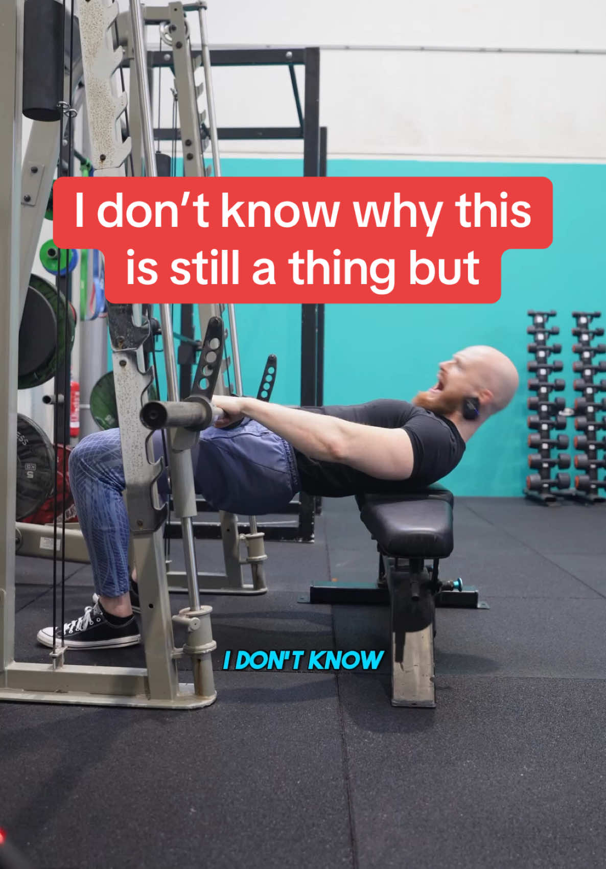 I don't know why this is still a thing but...⁠ ⁠ Here's how I do smith machine hip thrust:⁠ ⁠ ✅️ I set the bar just below knee height⁠ ⁠ ✅️ I grab a bench which is just below knee height⁠ ⁠ ✅️ I stand against the bar⁠ ⁠ ✅️ I take 1 step⁠ ⁠ ✅️ I pull the bench against my chin⁠ ⁠ ✅️ I sit against the bench⁠ ⁠ ✅️ I lay 2 weights next to my knees⁠ ⁠ ✅️ I lay on the bench with my shoulder blades⁠ ⁠ ✅️ I lower down as deep as possible with my upper body straight⁠ ⁠ ✅️ I thrust my hips back and squeeze my glutes⁠ ⁠ Reps: 10-20