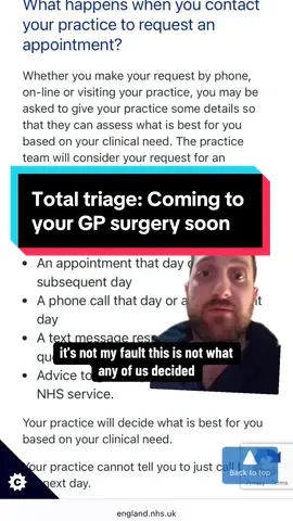 General practice triage is the direction of NHS England. I think my patients were under the impression that perhaps moving to total triage was my decision but this couldn’t be further from the truth. The only decision I made was to start 1st of September so if anything went horribly wrong we could turn it off and fix the problem before 1st of October! Mostly I’m making this video so you don’t get angry with your GP surgery - they are doing this because they’re panicking that having to keep the old system open (which was already overwhelmed) and then also having to turn on the online system is like adding more doors to a bus without adding any more seats. Why in the NHS is every other part given buffers to support the stresses and waiting list initiatives and where 90% of consultations take place, general practice, we are whipped to provide more and more? #generalpractice #gp #nhs #medicine #doctor 