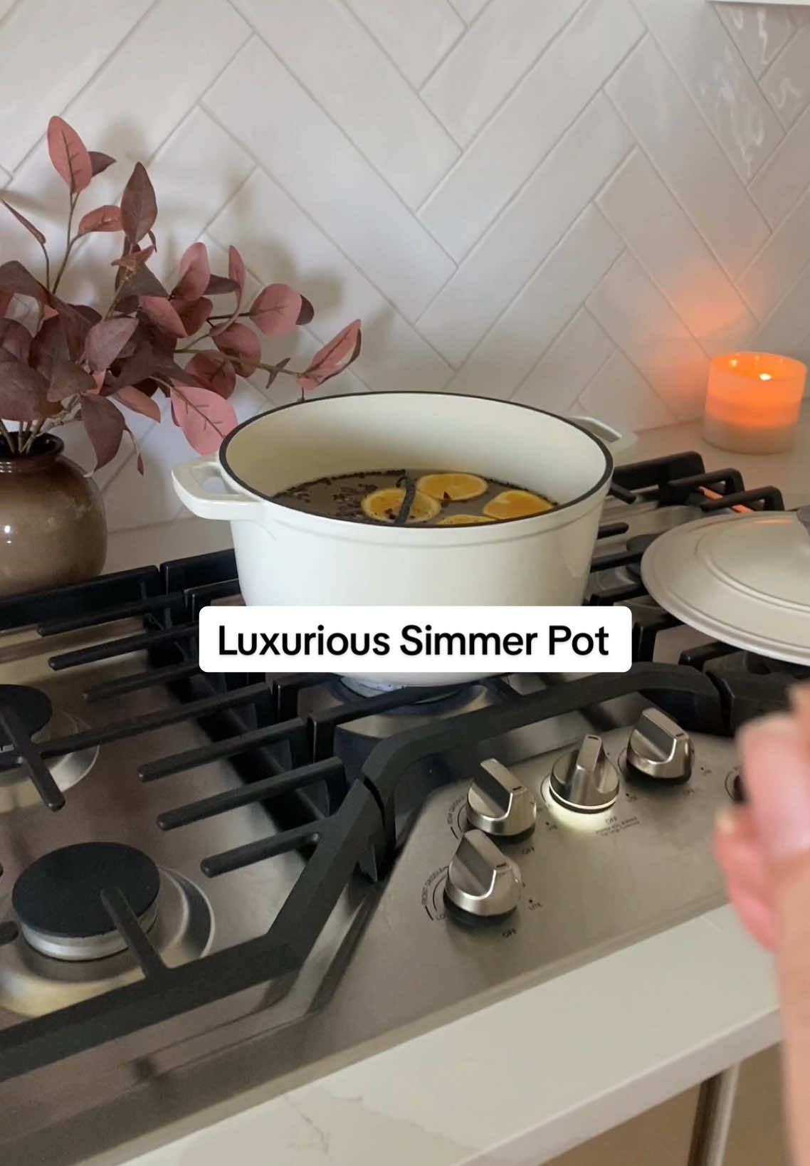 Simmer Pot Recipe⤵️  	•	1 orange, sliced (or 6–8 dried orange wheels) 	•	2 cinnamon sticks 	•	1 tsp whole cloves 	•	2 whole star anise 	•	1 fresh rosemary sprig (or 1 tsp dried) 	 	•	1 tsp whole black peppercorns  	•	1 piece of vanilla bean 	•	4–6 cups water (top off as it evaporates) Stovetop: Add everything to a small pot. Bring to a bare simmer, then drop to the lowest heat. Let it gently steam, uncovered, 4–6 hours. Add water as needed. Slow cooker: Add ingredients, cover, set to LOW with the lid slightly vented. Top off water as needed. Reuse: Cool, cover, and refrigerate. Re-simmer up to 2–3 days, adding fresh water each time. #simmerpot #cozyathome 
