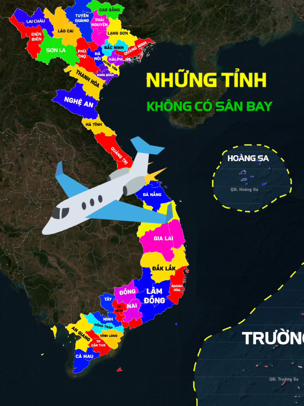 Những tỉnh không có sân bay đang hoạt động tại Việt Nam. Đó là Tỉnh Lai Châu, Tỉnh Sơn La, Tỉnh Lào Cai, Tỉnh Tuyên Quang, Tỉnh Cao Bằng, Tỉnh Thái Nguyên, Tỉnh Lạng Sơn, Tỉnh Bắc Ninh, Tỉnh Phú Thọ, Tỉnh Hưng Yên, Tỉnh Ninh Bình, Tỉnh Hà Tĩnh, Tỉnh Quảng Ngãi, Tỉnh Đồng Nai, Tỉnh Tây Ninh, Tỉnh Đồng Tháp và Tỉnh Vĩnh Long. Tuy nhiên, trong các tỉnh kể trên có một số tỉnh đang xây dựng hoặc đã có sân bay nhưng tạm dừng như Tỉnh Sơn La có sân bay Nà Sản đang tạm dừng hoạt động, Tỉnh Lào Cai đang xây sân bay Sapa, Tỉnh Bắc Ninh đang xây sân bay Gia Bình, tỉnh Đồng Nai đang xây sân bay Long Thành. Ngoài ra, một số tỉnh đã có hoặc đang xây dựng phương án bổ sung quy hoạch sân bay. Trong đó, dải đất miền Trung rộng lớn chỉ có Hà Tĩnh và Quảng Ngãi là chưa có sân bay. Thế nào? Tỉnh thành của bạn có sân bay gì? 