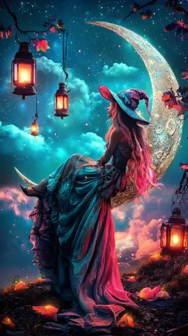 ✨🌙 Upon the crescent moon, she lingers… a witch between stars and lantern light, where silence holds its breath and every shadow whispers spells. 🕯️💫 . . . . . #darkfantasy #witch #moonmagic #spookyseason #aiart  