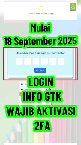 MULAI 18 SEPTEMBER LOGIN INFO GTK WAJIB AKTIVASI 2FA (two factor authentication) terlebih dahulu.  Pastikan akun PTK yang di gunakan untuk login ke info GTK adalah sebuah e-mail yang masih aktif dan dapat diakses untuk mengirim informasi. ⚠️Catatan Penting! 1. Pastikan bahwa e-mail yang anda gunakan masih bisa Anda buka 2. Kode 2FA dari aplikasi autentikator akan diminta setiap kali Anda login. 3. Buka aplikasi Google Authenticator pada HP anda 4. Click tanda plus (+) yang ada di pojok kanan bawah 5.Pilih Pindai kode QR 6.Masukkan 6 (enam) digit angka yang dihasilkan pada aplikasi Authenticator 7. Klik tombol Aktivasi #infogtk #caralogininfogtk #2fa #googleauthenticator #candrajoe© 
