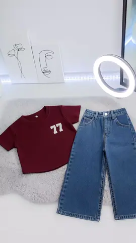 SETELAN KAOS CROP TOP OVAL DAN JEANS POLOS ANAK PEREMPUAN#fyp #foryou💥 