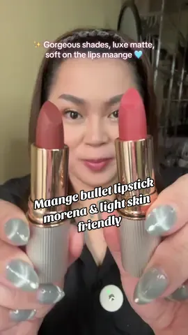 Sultry, skin-loving hues in a luxe matte bullet itong Maange bullet lipstick— flattering every morena, light skin glow, soft and plush on the lips 🩵 Transferproof and long lasting ✨