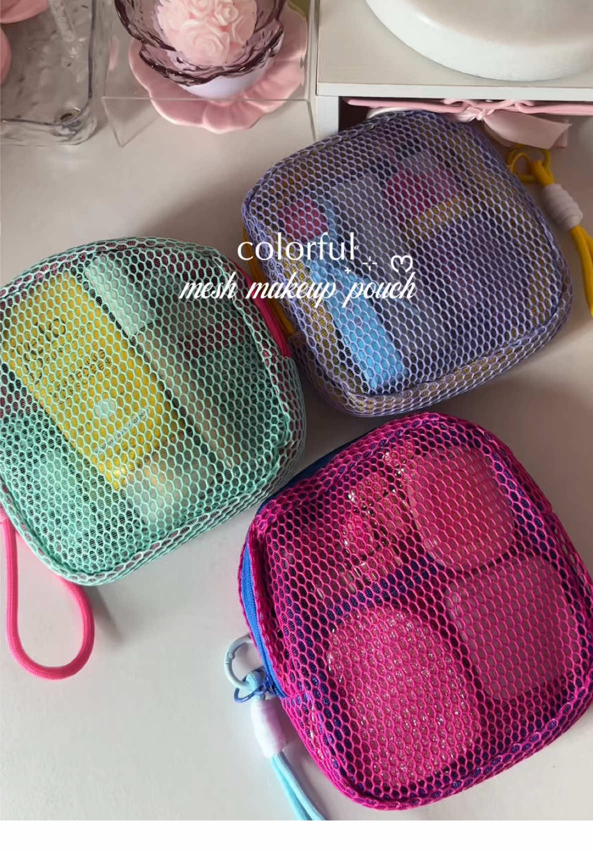organize your makeup essentials in this cute colorful mesh pouch ✨💕 #makeuppouch #meshpouch #travelpouch #pouchbag #pouchorganizer