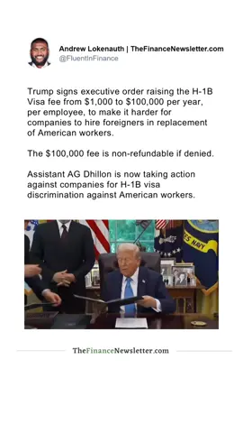 Trump signs executive order raising the H-1B Visa fee from $1,000 to $100,000 per year, per employee, to make it harder for companies to hire foreigners in replacement of American workers. The $100,000 fee is non-refundable if denied. Assistant AG Dhillon is now taking action against companies for H-1B visa discrimination against American workers.