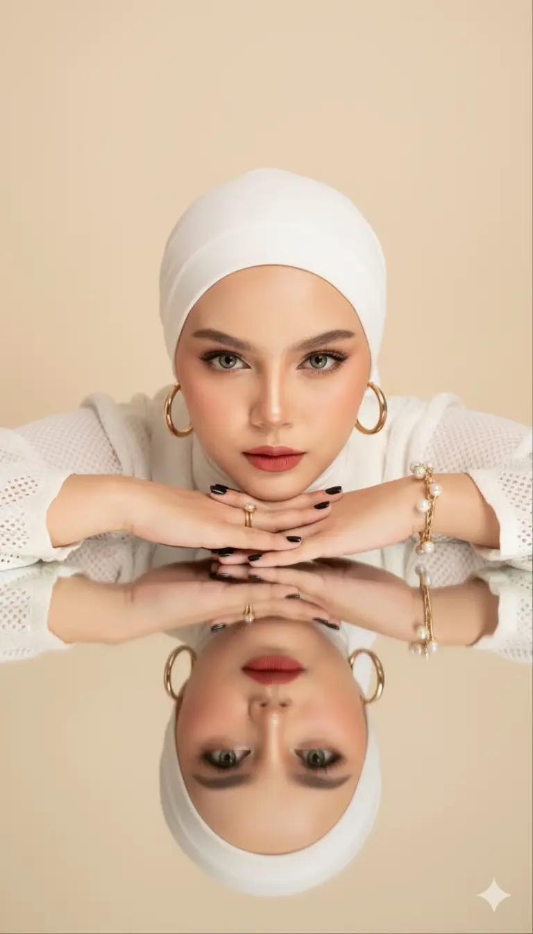 prompt : Potret latar depan seorang wanita muda yang sangat cantik, dengan wajahnya bersandar lembut di pergelangan tangannya, memperlihatkan ekspresi tenang. la merias wajah dengan bibir merah matte, mata hijau intens, alis tegas, dan kulit bercahaya dengan sentuhan akhir yang hangat. memakai kerudung putih bersih yang rapih. dengan blouse putih bersih brokat kecil seperti jaring2 kecil , la mengenakan perhiasan emas yang elegan: anting-anting bundar besar, cincin, dan gelang mutiara emas. Posisi tangan yang serasi dengan kuku hitam matte. Gambar tersebut menampilkan permukaan putih cerah di bawahnya yang secara akurat merefleksikan wajahnya, menciptakan efek tiga dimensi yang simetris. latar belakang krem, pencahayaan hangat dan komposisi editorial berkualitas tinggi, gaya fotografi majalah dalam resolusi ultra-detail. tanpa merubah bentuk wajah sedikitpun #prompts #geminai #masukberandafypシ 