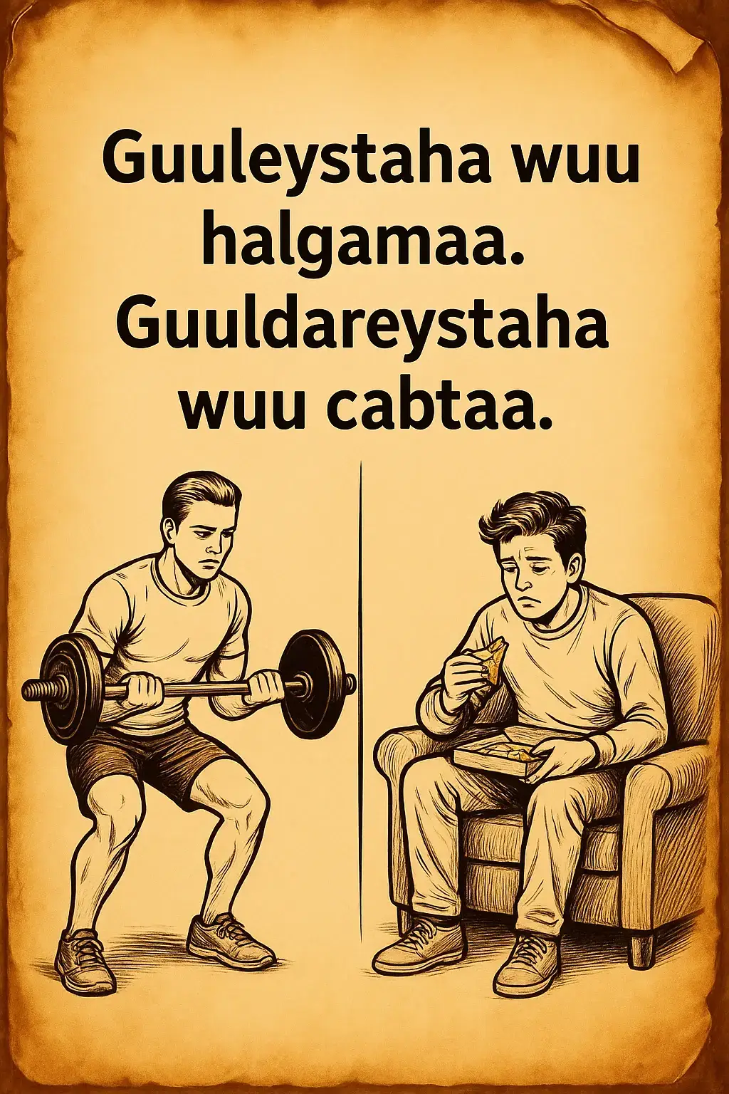Farqiga u dhexeeya dadka guuleysta iyo kuwa guuldareysta. Guuleystaha ma sugo fursad, ma raadiyo marmarsiiyo, mana cabto. Wuxuu doorbidaa inuu ku halgamo, ku dadaalo, kuna tababarto si uu u gaaro himilooyinkiisa. Dhanka kale, guuldareystaha badanaa waqtigiisa wuxuu ku lumiyaa cabasho, marmarsiiyo iyo ka fogaanshaha dadaalka. Halkii uu halgan ku muujin lahaa, wuxuu doorbidaa raaxo degdeg ah oo aan faa’iido lahayn, taasoo ugu dambeyn ku hogaamisa guuldarro joogto ah. Hadabo ogoow in guusha aysan ahayn wax si fudud loo helo, balse loo baahan yahay tababar, dulqaad iyo halgan joogto ah. Sidaas oo kale, guuldarro badanaa waxay ka dhalataa cabasho iyo la’aanta dadaal dhab ah. Marka, qof kasta oo doonaya inuu guuleysto waa inuu fahmaa: Guushu waa halgan iyo dadaal. Guuldarradu waa marmarsiiyo iyo cabasho.