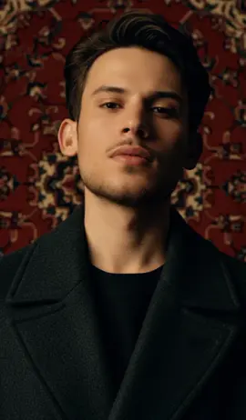 واقعي 😎. A hyperrealistic portrait, resolution, featuring strong cinematic lighting and sharp contrast. Shot at a slightly low angle, facing upward, it highlights the subject's jawline and neckline, lending the image a sense of quiet dominance and sculptural elegance. The background, a deep, saturated crimson Kashan carpet, creates a bold visual contrast with the model's radiant complexion and dark wardrobe. The lighting is precisely directed, casting warm golden highlights on one side of the face, while bathing the other in velvety shadow, highlighting the bone structure with almost architectural precision. The facial expression is detached and cool—half-open eyes, relaxed lips—suggesting detachment or quiet defiance. The model wears a heavy wool or felt coat, its texture finely defined against soft, dewy skin. Minimal retouching preserves the skin's texture and minor imperfections, adding a realistic touch. Editorial tension is created through precise cutting, controlled tonal range, and the almost agonizing intimacy of the camera's close proximity. There are no props or props; the visual impact is created solely through light, shadows, color saturation, and pose—evoking high fashion, contemporary isolation, and the hyper-modern masculinity of the moment. #CapCut #الشعب_الصيني_ماله_حل😂😂 #fyp #خلوصي #اكسبلورexplore 