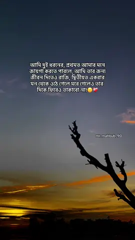 আমি দুই ধরনের, প্রথমত আমার মনে জায়গা করতে পারলে, আমি তার জন্য জীবন দিতেও রাজি, দ্বিতীয়ত একবার মন থেকে ওঠে গেলে মরে গেলেও তার দিকে ফিরেও তাকাবো না!🙂❤️‍🩹 #foryou #foryoupage #mr_mahbub_90 #tiktok #fyp 