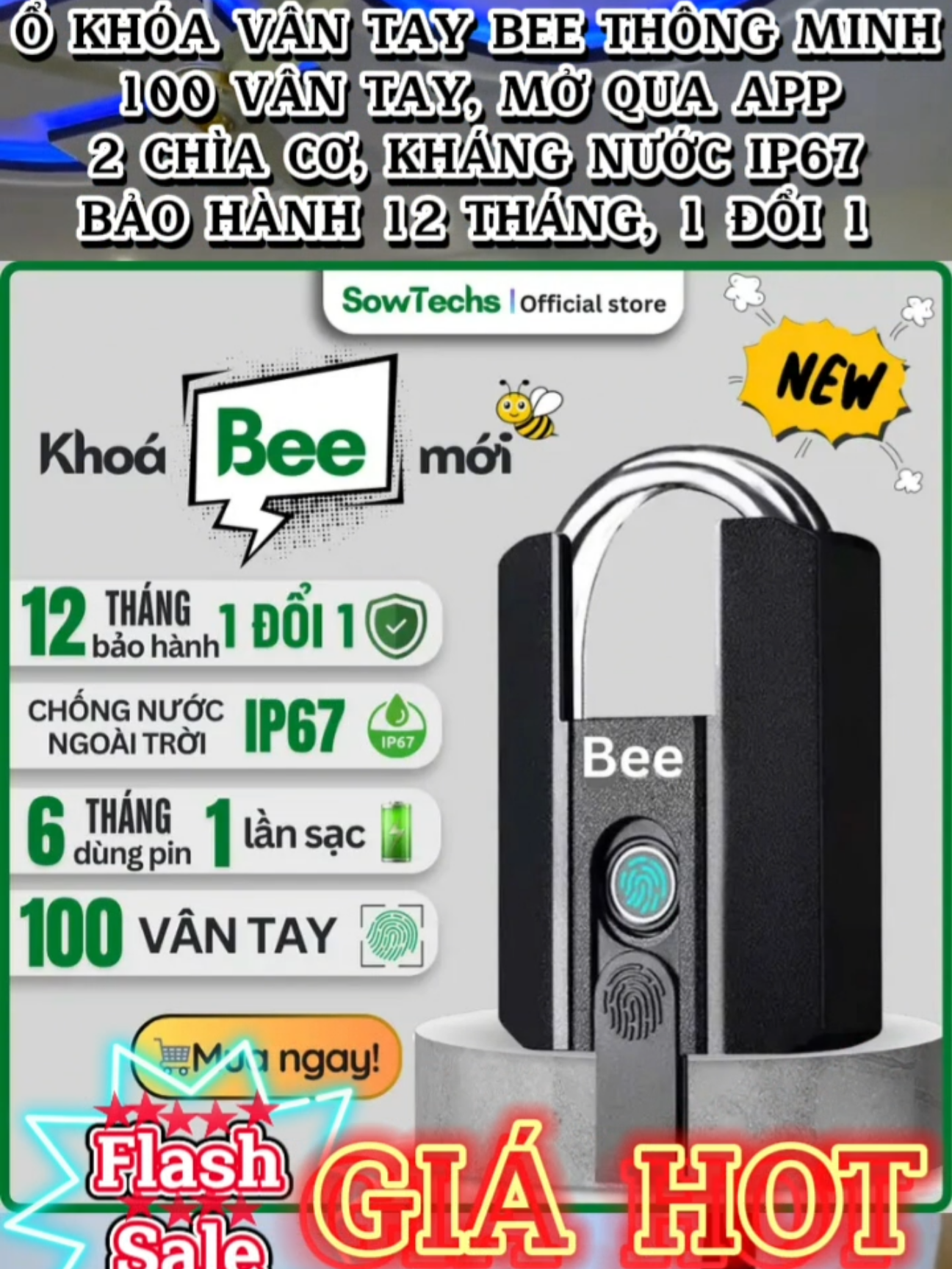 [GIÁ TỐT] Ổ KHÓA VÂN TAY BEE THÔNG MINH, 100 VÂN TAY, MỞ QUA APP, 2 CHÌA CƠ, KHÁNG NƯỚC IP67, BẢO HÀNH 12 THÁNG, 1 ĐỔI 1  #ổkhóavântay #okhoavantay #okhoathongminh #fyp #shopbantot