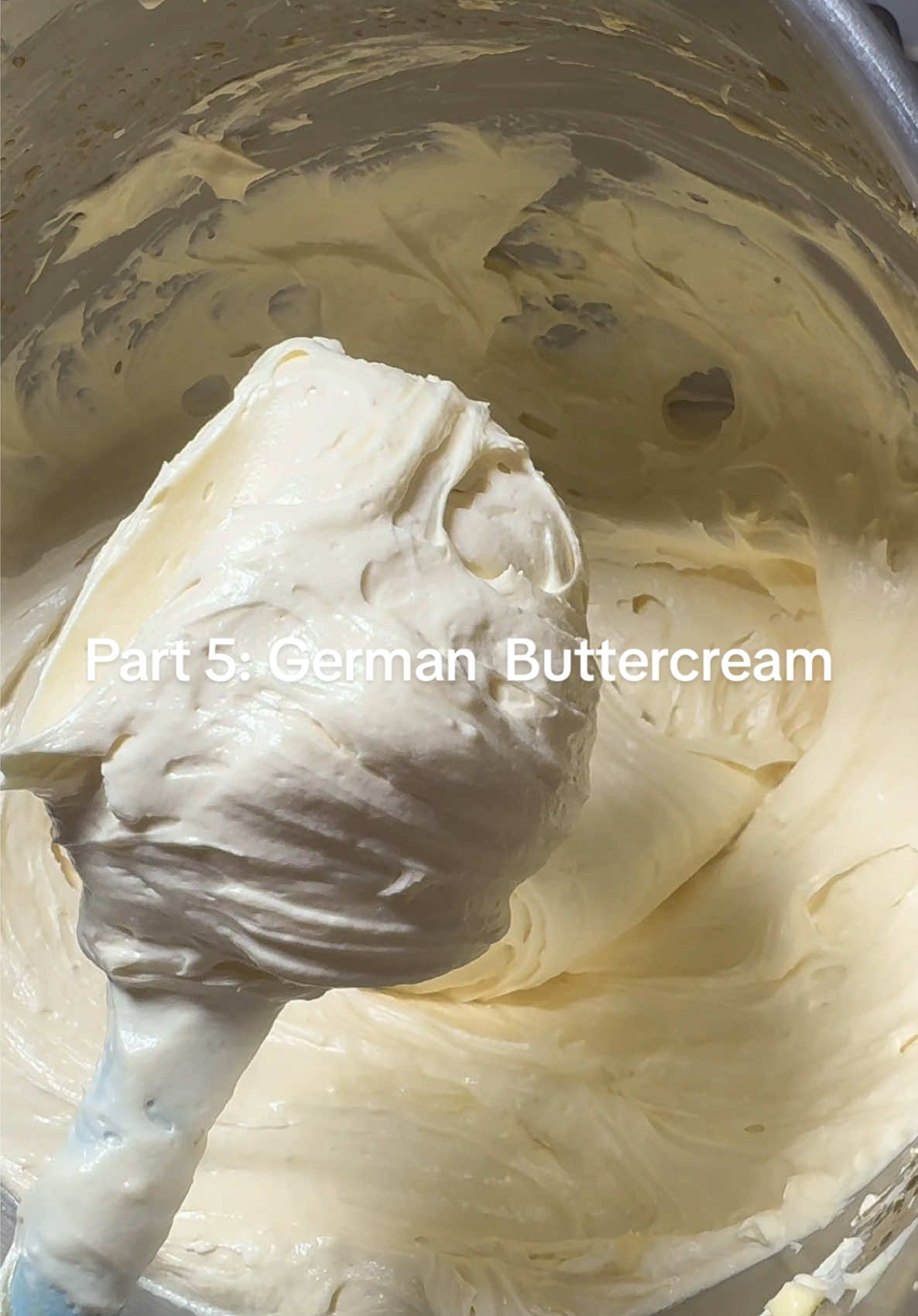 Part 5 of my buttercream series. German buttercream is a custard-based frosting that’s rich, silky. Perfect for cakes that need a smooth finish. It doesn’t have a long shelf life but it cuts down easy which is a win for me.  Ingredients 500 ml whole milk 120 g sugar 40 g cornstarch 4 egg yolks 1 tsp vanilla 300 g unsalted butter Steps 1.	Heat milk until steaming. 2.	Whisk egg yolks, sugar, and cornstarch until pale and fluffy  3.	Temper with hot milk, then cook until thick. 4.	Add vanilla and chill with cling film on top. 5.	Whip butter until fluffy. 6.	Add custard  until smooth. Tips Make sure both butter and custard are at the same cool room temperature. If it splits, keep mixing.
