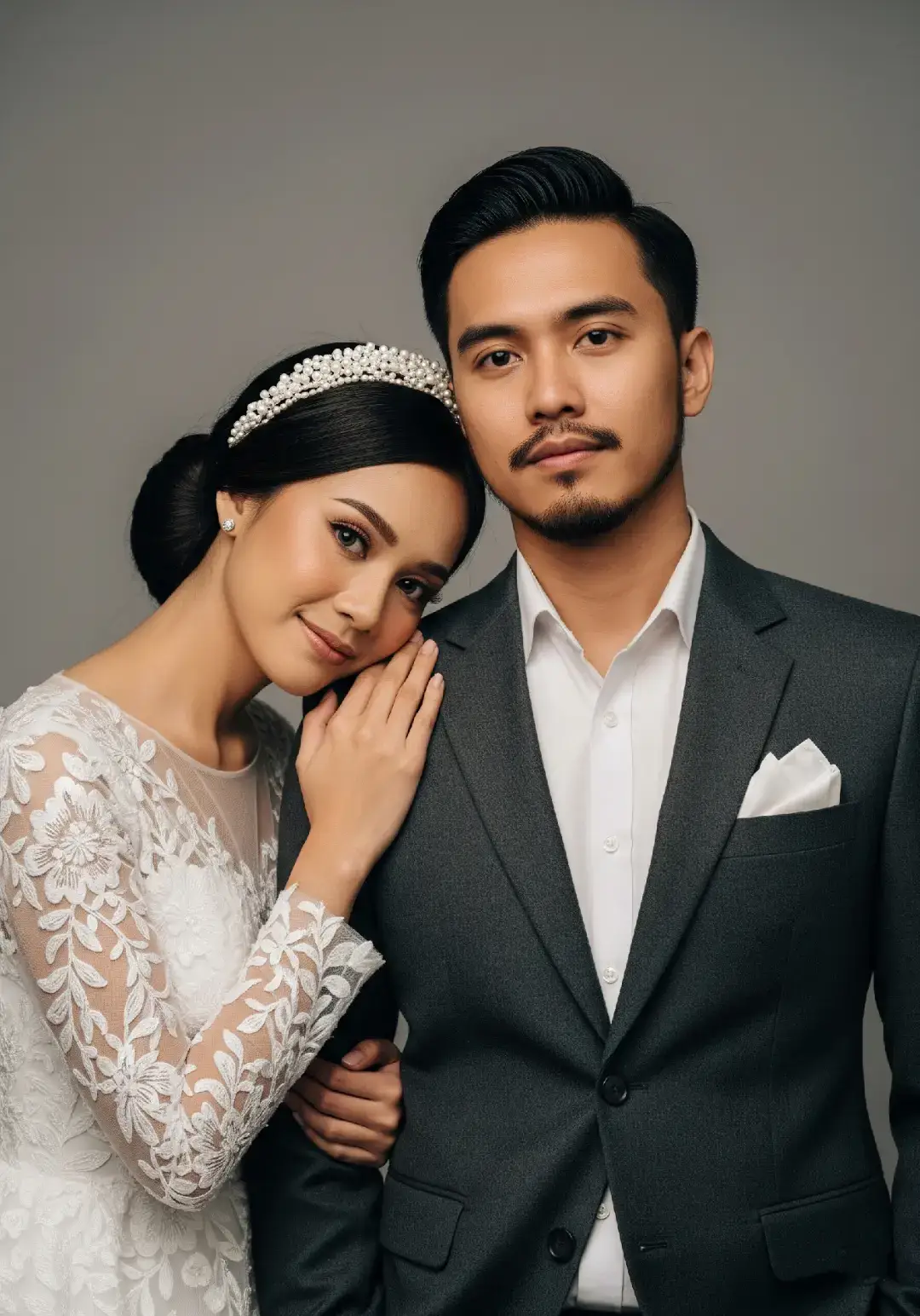 Prompt: Buatkan foto realistik Seorang pasangan Indonesia yang anggun dan berwajah khas Asia sedang berpose untuk foto pre-wedding yang realistis dengan latar belakang abu-abu polos. Pria di sisi kanan mengenakan setelan jas abu-abu tua yang terbuat dari bahan wol halus, dipadukan dengan kemeja putih bersih yang pas di badan dan sapu tangan saku putih yang dilipat rapi. Dia memiliki potongan rambut samping yang rapi dan jenggot tipis yang terawat. Pria itu menatap lurus ke kamera dengan ekspresi serius namun tenang, memancarkan aura kepercayaan diri. ​Wanita di sisi kiri mengenakan gaun pengantin A-line putih dengan lengan panjang, dihiasi detail rumit dari renda floral. Rambutnya disanggul dengan elegan dan dihiasi hiasan kepala mutiara yang berkilau, menambah sentuhan kemewahan. Dia dengan lembut menyandarkan kepalanya ke bahu pria dan menatap kamera dengan senyum hangat dan lembut, matanya yang besar memancarkan kebahagiaan. ​Pencahayaan foto ini lembut, hangat, dan merata, menciptakan bayangan halus yang mempertegas fitur wajah mereka tanpa membuatnya terlalu dramatis. Fokusnya tajam pada pasangan, sementara latar belakangnya sedikit buram untuk membuat mereka menonjol. Gaya fotonya klasik dan abadi, dengan tone warna yang kaya dan natural. Foto ini diambil dengan kamera digital full-frame dan lensa 50mm untuk mendapatkan efek bokeh yang indah dan kedalaman bidang yang dangkal. 3:4 #aiphoto #fyp #geminiai #wedding #prewedding 