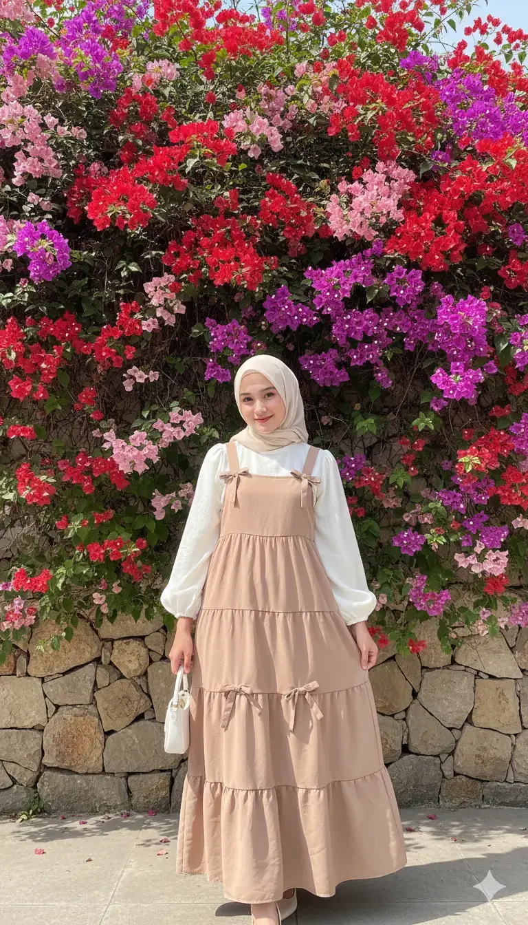 Edit gambar menjadi: Seorang wanita muda berhijab tersenyum manis, mengenakan hijab warna krem, blus putih lengan balon, dan overall dress panjang bertingkat terdapat tali pita di tingkat nya warna cokelat muda . Dia memegang tas tangan putih kecil di sampingnya. Berpose di depan dinding batu dengan tanaman bougenville berwarna-warni (merah, ungu, pink) yang rimbun di atasnya. Pencahayaan alami yang cerah. Gaya foto fashion hijab casual. #prompterchallenge #gemini #edit #fyp #prompt 