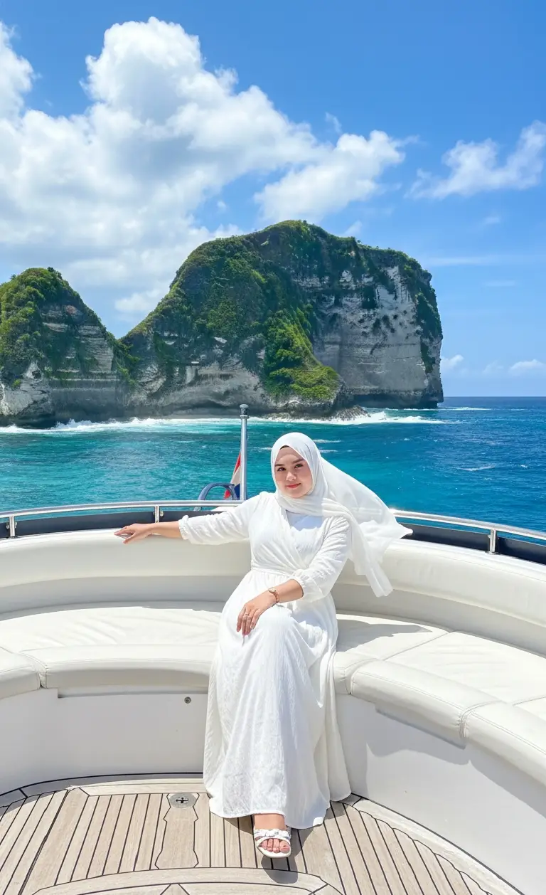 Prompt:Edit foto saya tanpa merubah wajah sedikitpun dengan rasio 9:16 Saya sedang sedang duduk santai sedikit bersandar di atas kapal yacht mewah berwarna putih, berada di dek kayu dengan pagar stainless steel, bantalan duduk putih, dan detail elegan terlihat jelas Latar belakang: tebing tinggi dengan pemandangan Kelingking Beach, Nusa Penida, Bali yang ikonik. Laut biru bergradasi toska, ombak putih pecah di tepi karang, dan tebing hijau berbentuk khas menjulang ke laut. Langit cerah biru dengan awan putih tebal. Komposisi foto cinematic, pencahayaan tropis yang cerah, detail tekstur laut, pepohonan hijau di tebing yang sangat jelas di siang hari, dan suasana liburan tropis yang santai. Di ambil menggunakan kamera iPhone Badan Saya bagus seperti model, Saya mengenakan Model gaun: long dress berwarna putih Memakai sandal cantik elegant Hijab : pashmina putih tertiup angin lembut Make-up : natural pencahayaan terkesan sedanya, seperti dari kamera hp iPhone 16 pro-max, dengan kualitas resolusi agak rendah, tanpa efek #gemini  #ai  #fyp 