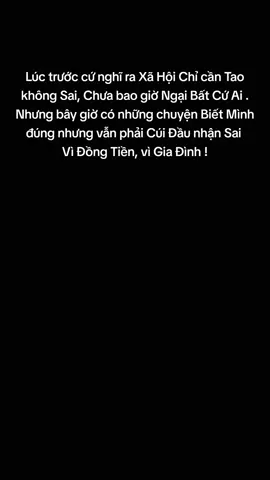 Lúc trước cứ nghĩ ra Xã Hội Chỉ cần Tao không Sai, Chưa bao giờ Ngại Bất Cứ Ai . Nhưng bây giờ có những chuyện Biết Mình đúng nhưng vẫn phải Cúi Đầu nhận Sai  Vì Đồng Tiền, vì Gia Đình !
