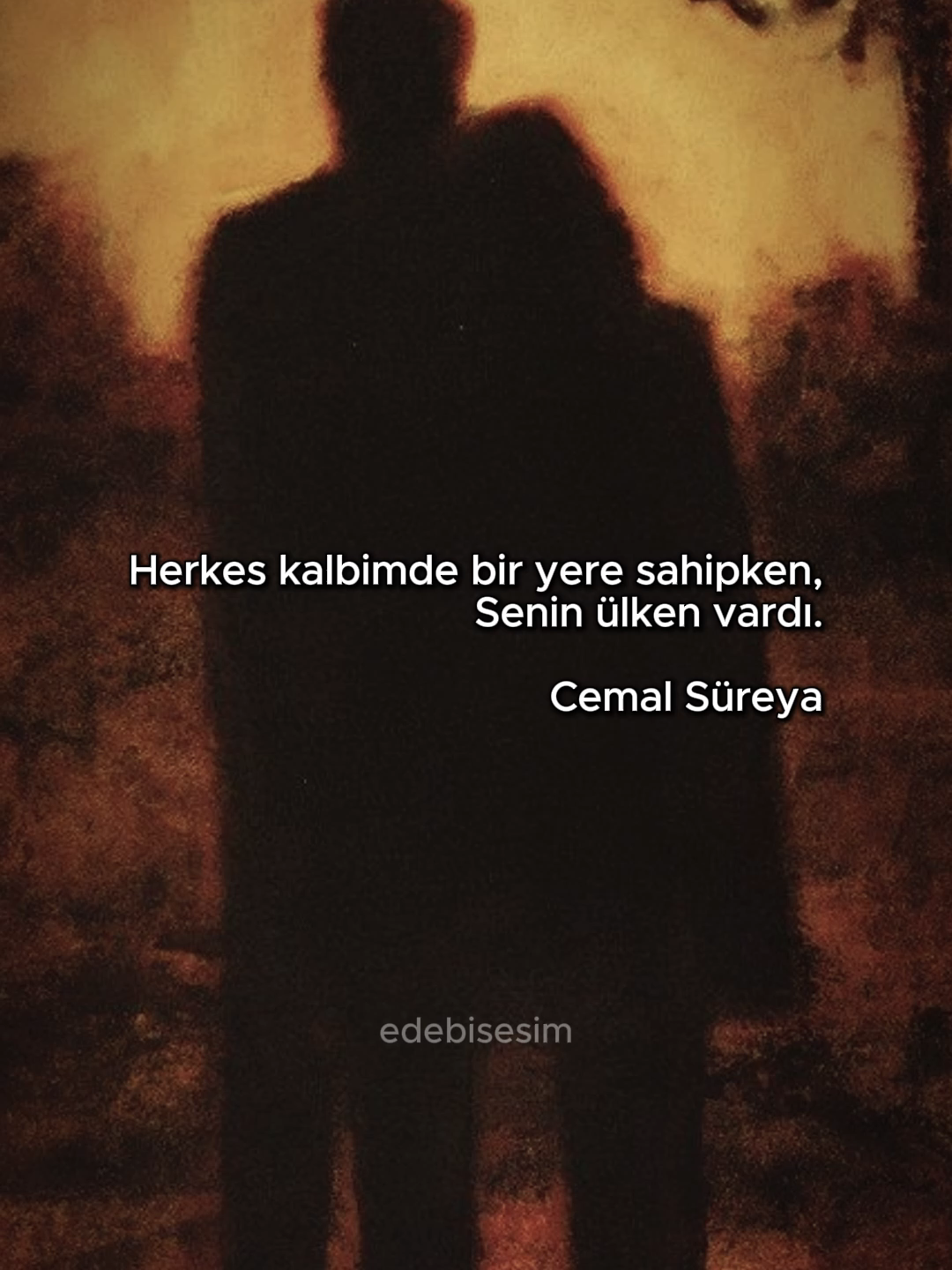 Herkes kalbimde bir yere sahipken, senin ülken vardı. Cemal Süreya Sözler ve şiirler paylaştığım sayfamda seni de aramızda görmekten büyük mutluluk duyarım.🤎👉 @edebisesim #edebiyat #edebisözler #güzelsözler #anlamlısözler #duygusalsözler #kitap #alıntı #söz #şiir #aşksözleri #cemalsüreya