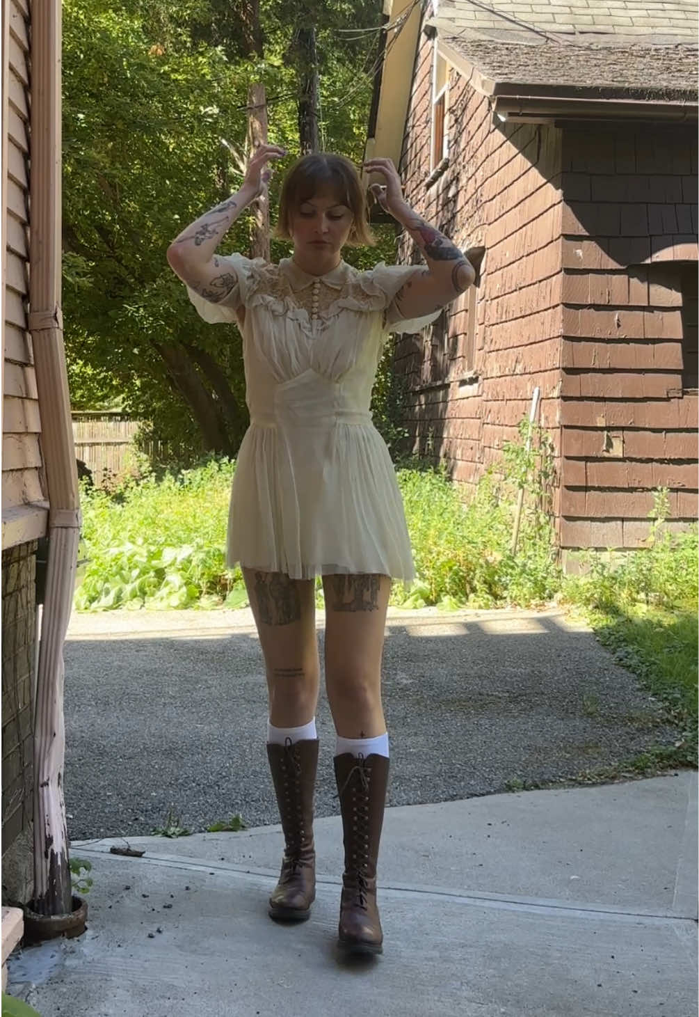 Bottom of this 30s wedding dress was shredded so I chopped her (poorly oops idc)