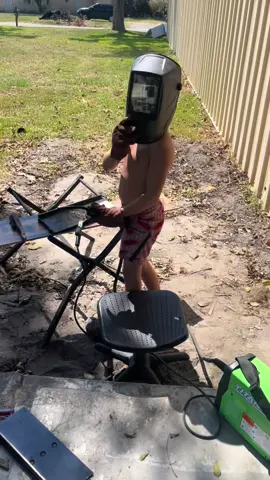 Can’t get him to wear clothes, shoes 10x too big cause he won’t wear them so had to have some to give welding a try. #welding #mavrickjames #fyp #cute #blessed 