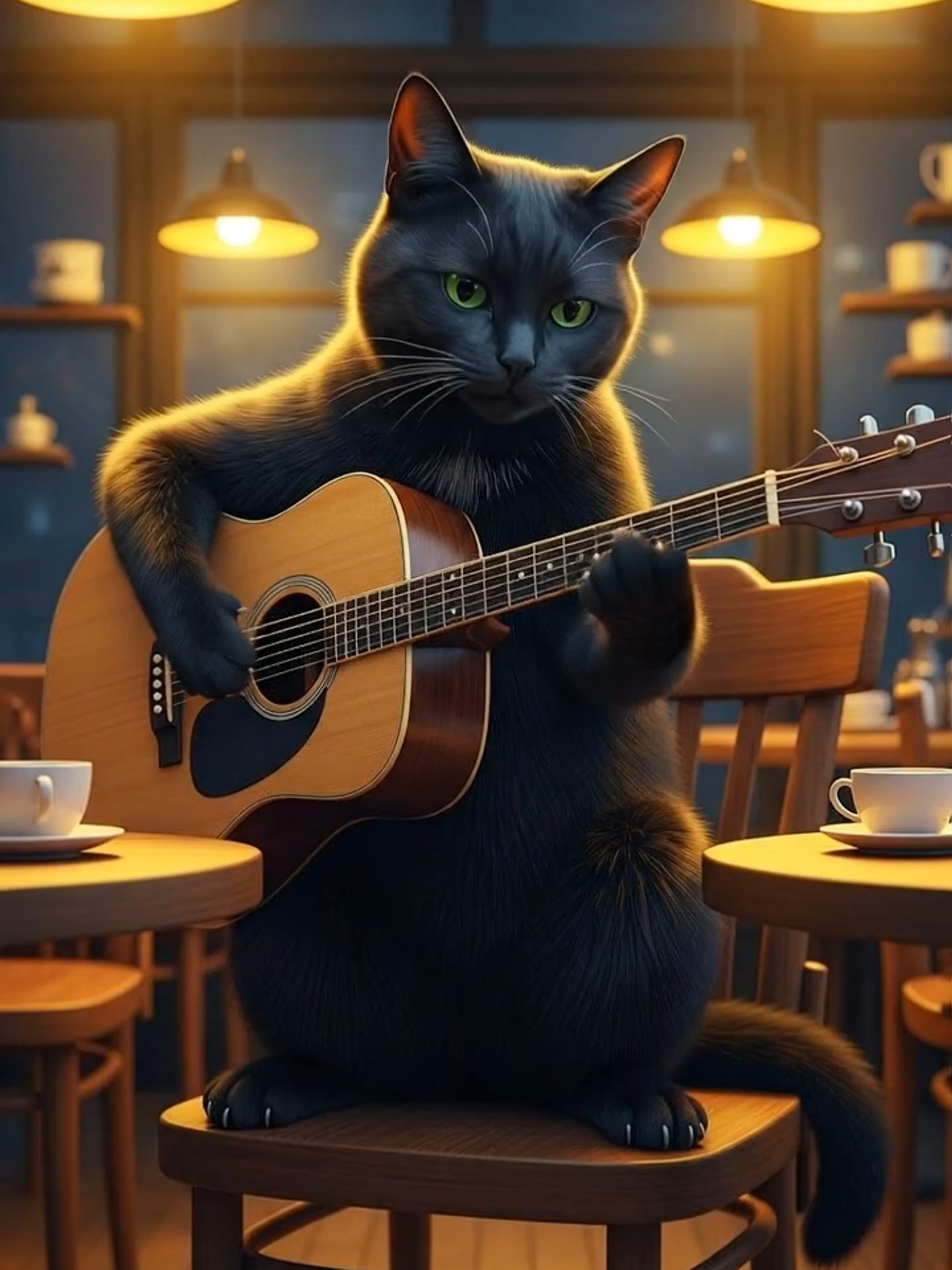 A black cat strumming guitar 🎸🐾 Late-night vibes, vintage café lights, and music that feels like pure magic. #guitar #funnyanimal #vintagecafe #viralvideo #tiktokusa