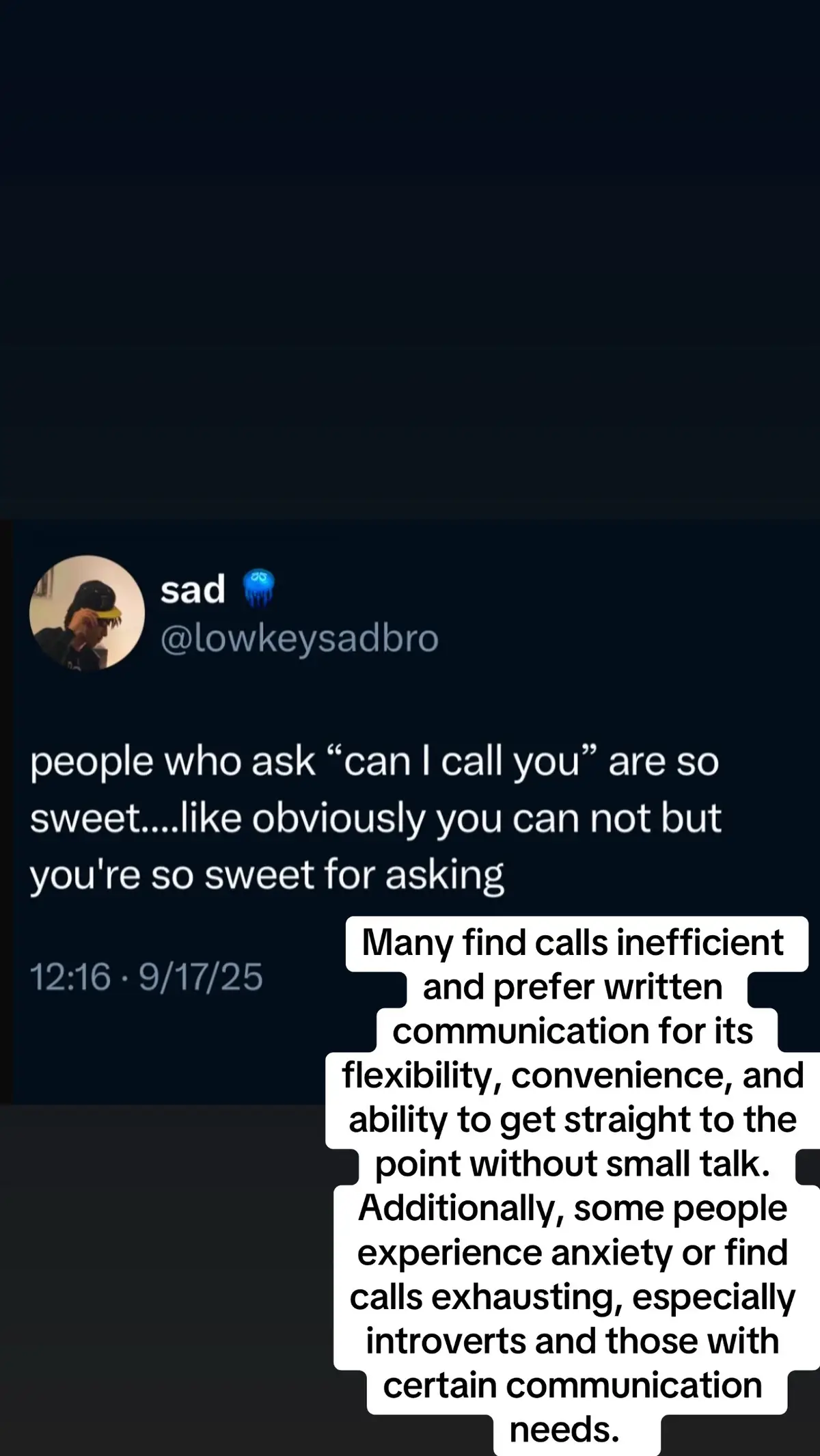 People dislike phone calls because they are disruptive, require immediate responses without time to think, and lack visual cues for better understanding, leading to potential misunderstandings. Many also find calls inefficient and prefer written communication for its flexibility, convenience, and ability to get straight to the point without small talk. Additionally, some people experience anxiety or find calls exhausting, especially introverts and those with certain communication needs.  
