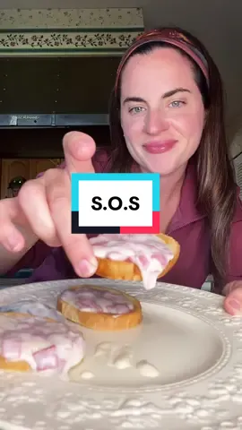 Recipe for S.O.S You know what, on a shingle!! One of my favorite comfort meals from childhood in the fall/winter months.  Recipe: First make butter toast! We love garlic seasoning on it and sometimes use a baguette! Next: Open 3 packages of buddig beef & cut them into fine pieces. Add 4 tbsp salted butter in a sauce pan and add chopped buddig beef. Cook for a few minutes. Add salt and pepper to taste.  Next add enough flour to soak up the butter. Then pour milk until the meat is covered- about 2-3 cups or so. Turn down heat to medium and cook, stirring constantly, until it thickens.  Top over toast and serve!  #dinner #Recipe #DinnerIdeas #EasyRecipe #foryoupage 