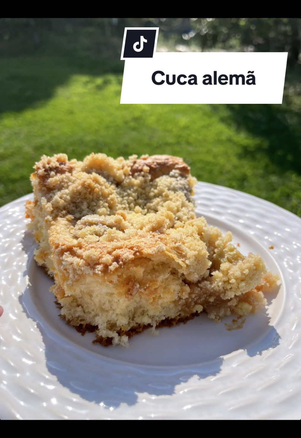 Cuca alemã 😋 2 ovos  1 xícara de leite morno  15g de fermento para pão  4 colheres de sopa de açúcar  1 colher de chá de sal 2 colheres de margarina  3 xícaras de farinha  Para a farofa: 1 xícara de açúcar  1 xícara de farinha  2 colheres de margarina  #cucaalemã #recetas #amocozinhar #banana #docedeleite 