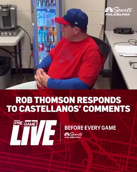 Rob Thomson responds to questions following Nick Castellanos' interviews Friday night in Phoenix. The two had a 