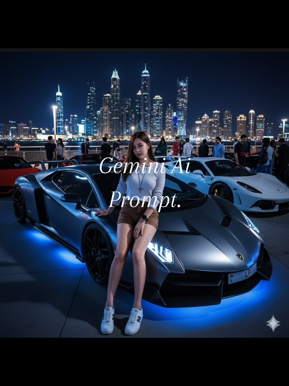 #gemini  #ai  -แจกคำสั่งสร้างรูปภาพคู่กับรถเท่ๆผู้หญิง -การสร้างรูปภาพด้วยเท่ๆด้วย gemini ai  -วิธีการสร้างรูปภาพด้วย gimini ai คำสั่ง :  From the uploaded model, create a realistic 4K photograph featuring a modern outfit consisting of a fitted white long-sleeve shirt with sleeves rolled up to the elbows, a silver cross necklace hanging to chest level, brown shorts, a black watch on the left wrist, and top-tier white New Balance sneakers. The person is sitting on the front bumper of a Lamborghini Veneno in “Lambo gray” with a full custom body kit, black 20-inch wheels, lowered suspension, left-hand drive, and a white license plate with the text “LP” at the bottom. Blue lights reflect on the ground, and the car’s surface shines with reflections from the lights, with headlights turned on. Both hands are placed on the car while striking a stylish pose. The background is a nighttime beach scene in Dubai, with tall illuminated skyscrapers, surrounded by sports cars and attractive men and women. The image should be detailed, true to the original reference, and highly realistic, captured from a high angle in 4K resolution. Replicate my face. #gemini Search: copy and paste gemini ai prompt original