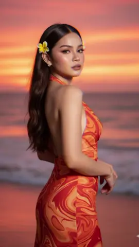Prompt A cinematic portrait of this woman standing on the beach at sunset, Night the ocean waves behind her. Waves gently touching the shore The sky glows in vibrant shades of orange, pink, and red. She wears a flowing, body-hugging dress in orange shades (ocean-inspired), backless orange dress that reflects the colors of the sea. tropical flowers tucked in her hair, and she has delicate jewelry such as an arm bracelet and rings. This woman poses gracefully, turning slightly over her shoulder with a soft, confident expression. Warm natural light mixed with a subtle flash highlights her features, creating a dreamy, romantic tropical aesthetic. #CapCut #fyp #gemini #ai #kolette #sunset 