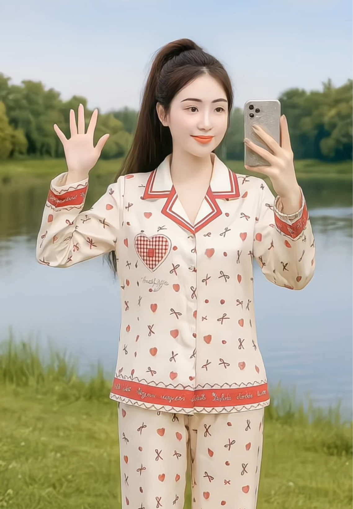 Bộ Pizama Tay Dài Hoạ Tiết Trái tim chất liệu mềm mịn thoáng mát #thoitrangnu #thơitrangnu #aodepnu2025 #dobopijama #pizama 