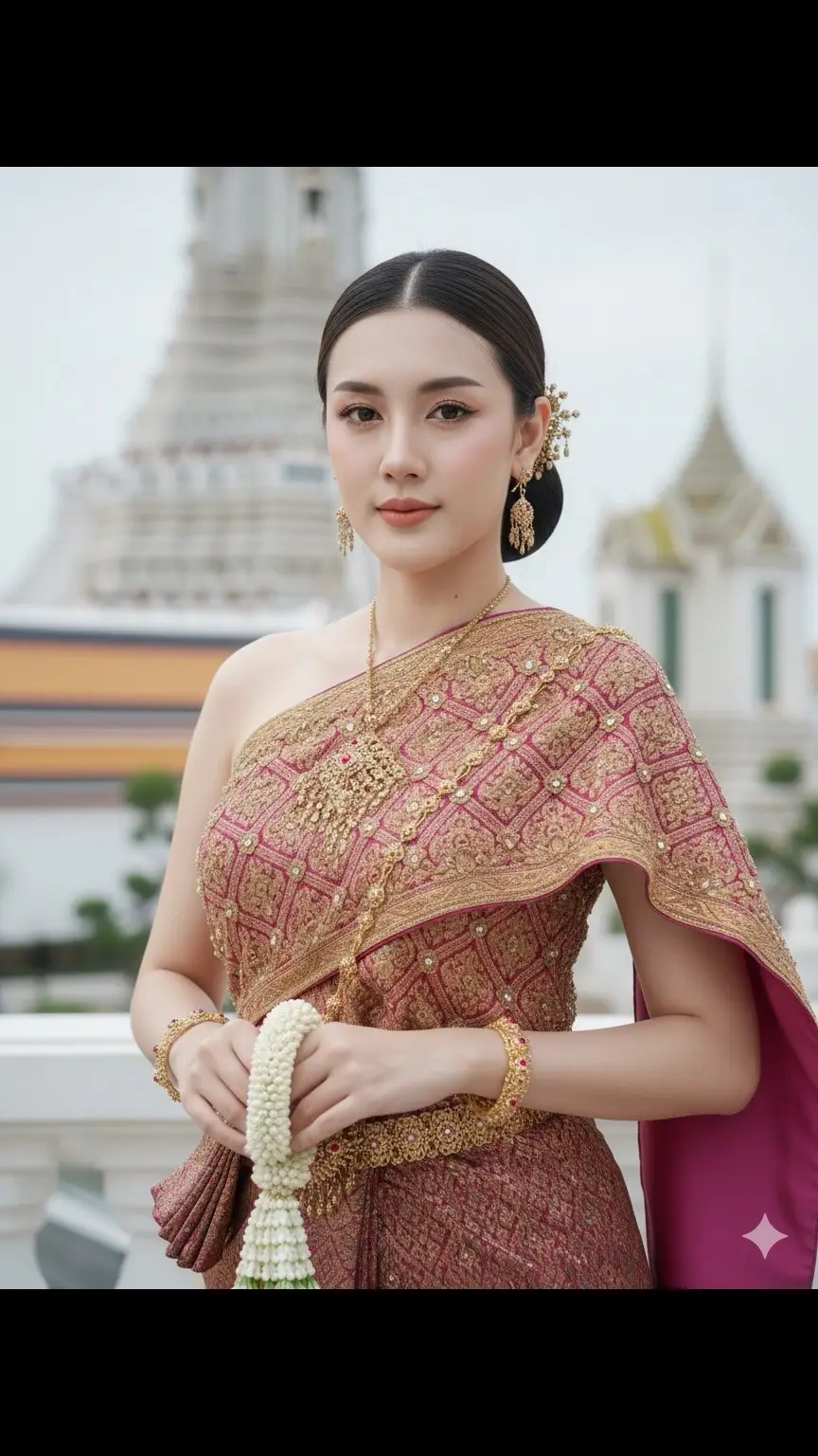 แบบที่1 ค่ะ สร้างภาพโดยใช้แบบต้นฉบับที่แนบไปให้ ใบหน้าเหมือนเดิม 100% ใส่ชุดไทยพระราชนิยมสวยงาม ภาพระยะใกล้ ทรงผมมัดรวบ, Canon EOS R5, เลนส์ 85 มม. f/1.2, รูรับแสง f/1.2, DOF ตื้นพิเศษ, ท่าทางยืนมือประสานกันถือพวงมาลัย เบื้องหลังมีวัดอรุณราชวิหาร กรุงเทพฯมหานคร ตามองกล้อง ผิวพอร์ซเลนเปล่งประกาย, สุนทรียศาสตร์แฟชั่นที่เน้นรายละเอียดอย่างพิถีพิถัน, อัตราส่วนภาพ 9:16--ไฮเปอร์เรียลลิสม์