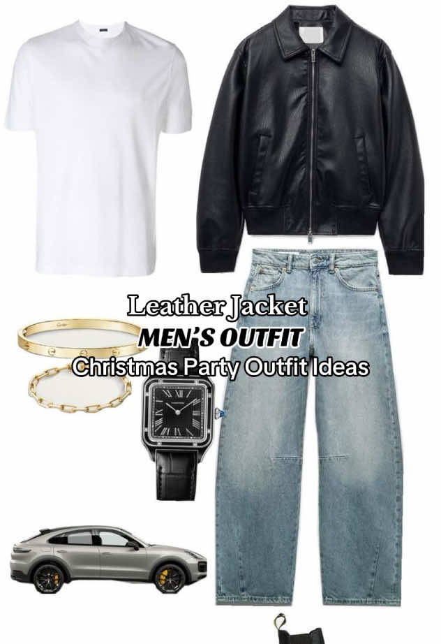 Christmas Party Outfit Ideas for Men ✨ Leather Jacket and Jeans ✨ #outfitideasformen #christmaspartyoutfit #OOTD #mensfashion #fyp 
