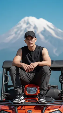 -Open Gemini -Upload your portait photo -Paste this: travel photo of a young man sitting on the roof of an orange ATV, facing the camera. He is wearing a sleeveless black tank top, dark cargo pants and black and white high-top Nike shoes. On his head is a black baseball cap, with manly short hair. Sitting cross-legged, one leg lightly resting on the knee of the other. Both hands are placed comfortably on the thighs, eyes looking straight. This pose gives a casual, streetwear feel, but still confident., eyes looking straight into the lens with a calm, attractive expression. Behind is a majestic snow-capped mountain range blurring the bokeh under the clear blue sky. Natural light, travel photography style - cinema, surreal details, 8K quality. (Sưu tầm từ internet) Have fun 💙 #tiktokviral #AI #xuhuong #fyp #trending 